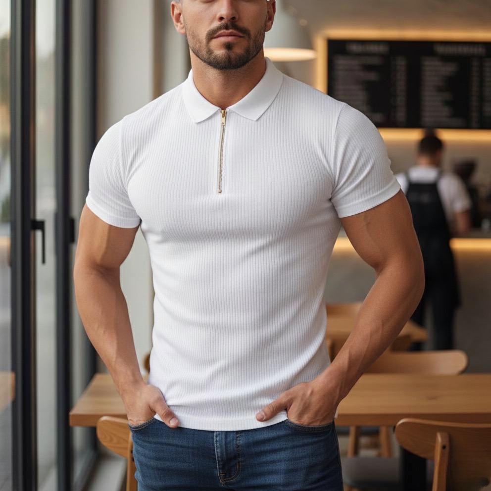 Camiseta Polo Manga Curta Com Ziper Masculina Malha Canelada (5 cores)

